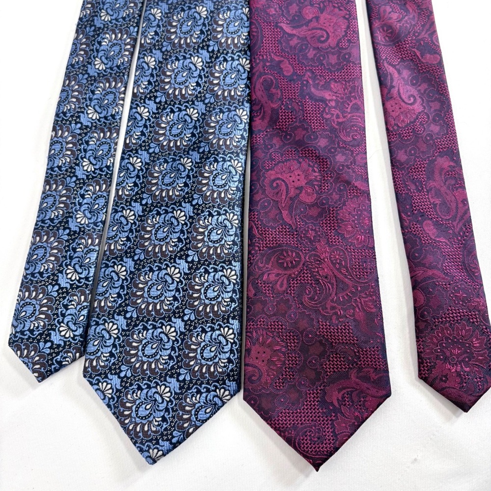Jos A Bank Silk Brocade Necktie Lot of 2 Blue Floral and Burgundy Paisley Ties